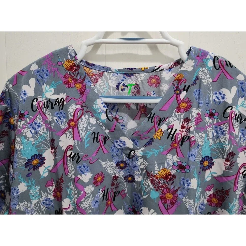 GT Performance Women's Short Sleeve V‎ Neck Scrub Top Breast Cancer Plus Size 2X